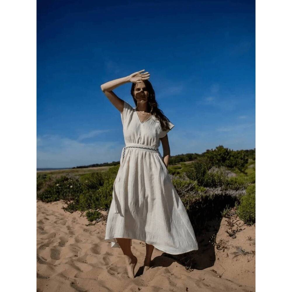 NEW ODILE livna drop midi dress in stripy cream